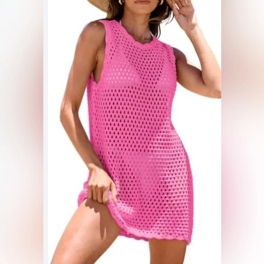 Sleeveless Pink‎ Crochet Swim Cover-Up Tunic S